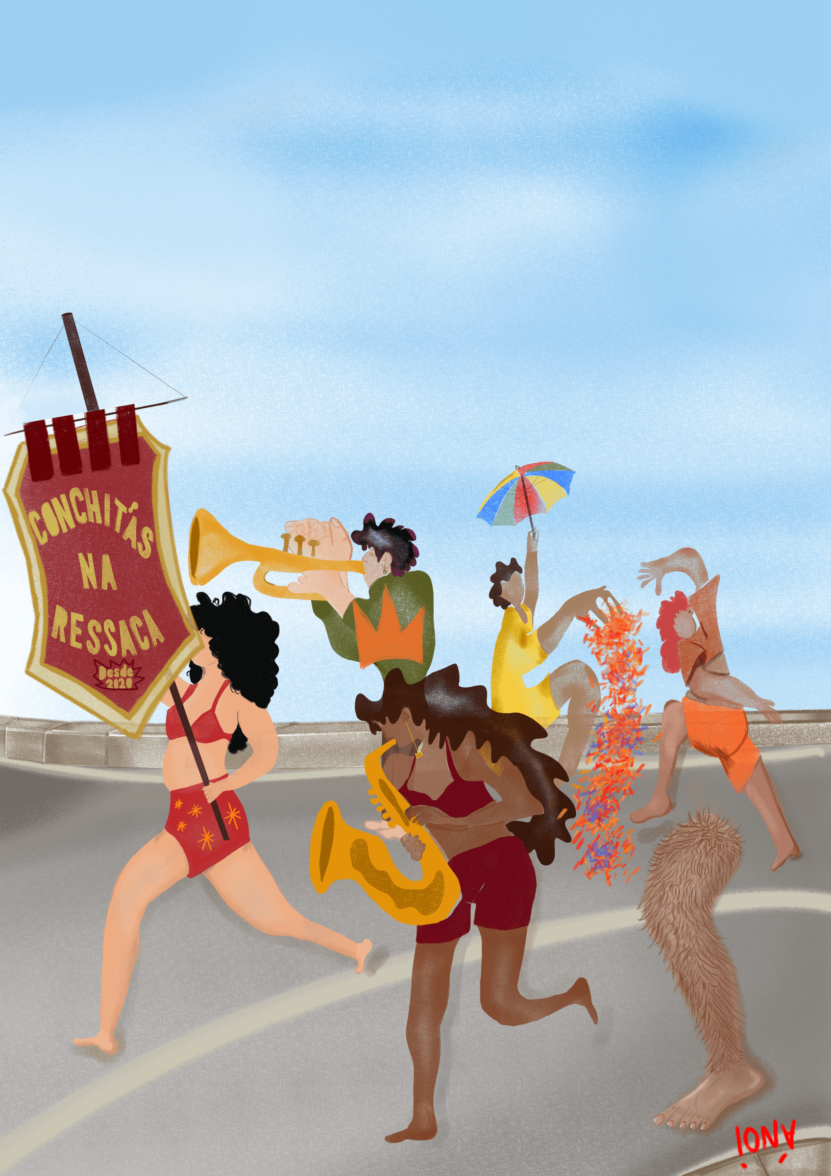 Ilustração de um bloco de carnaval com músicos, foliões e um estandarte na rua.