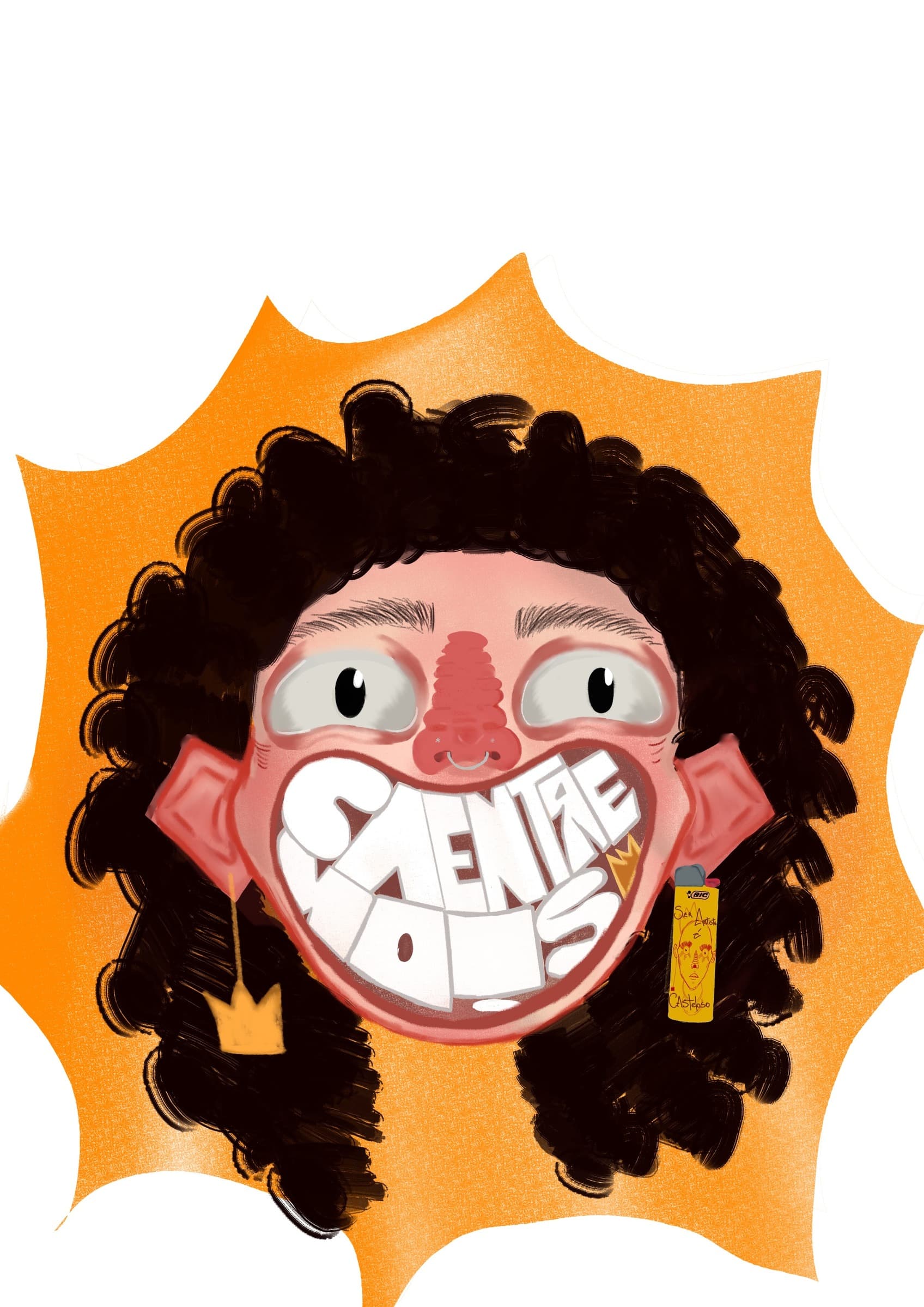 Ilustração de uma personagem de cabelos cacheados e sorriso largo sobre fundo laranja.
